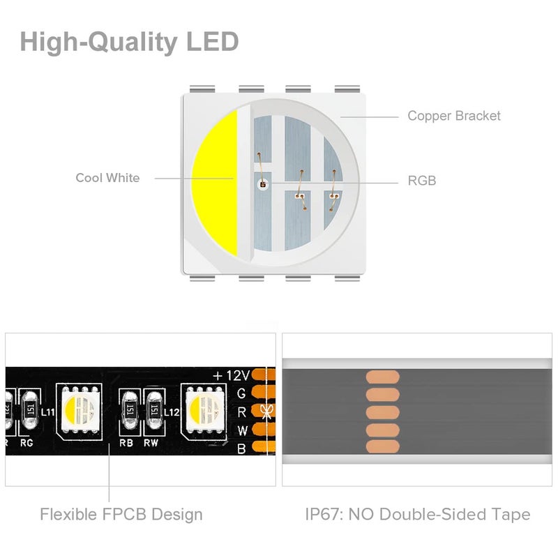 BTF-LIGHTING إضاءة BTF-5050 RGBW RGB+أبيض بارد (6000K-7000K) 4 ألوان في شريط LED ضوء DC12V 5م 16.4 قدم 60LED/م متعدد الألوان IP67 أسود 14 مم PCB لتزيين غرفة النوم والمطبخ والمنزل (بدون محول أو وحدة تحكم) - Image 3